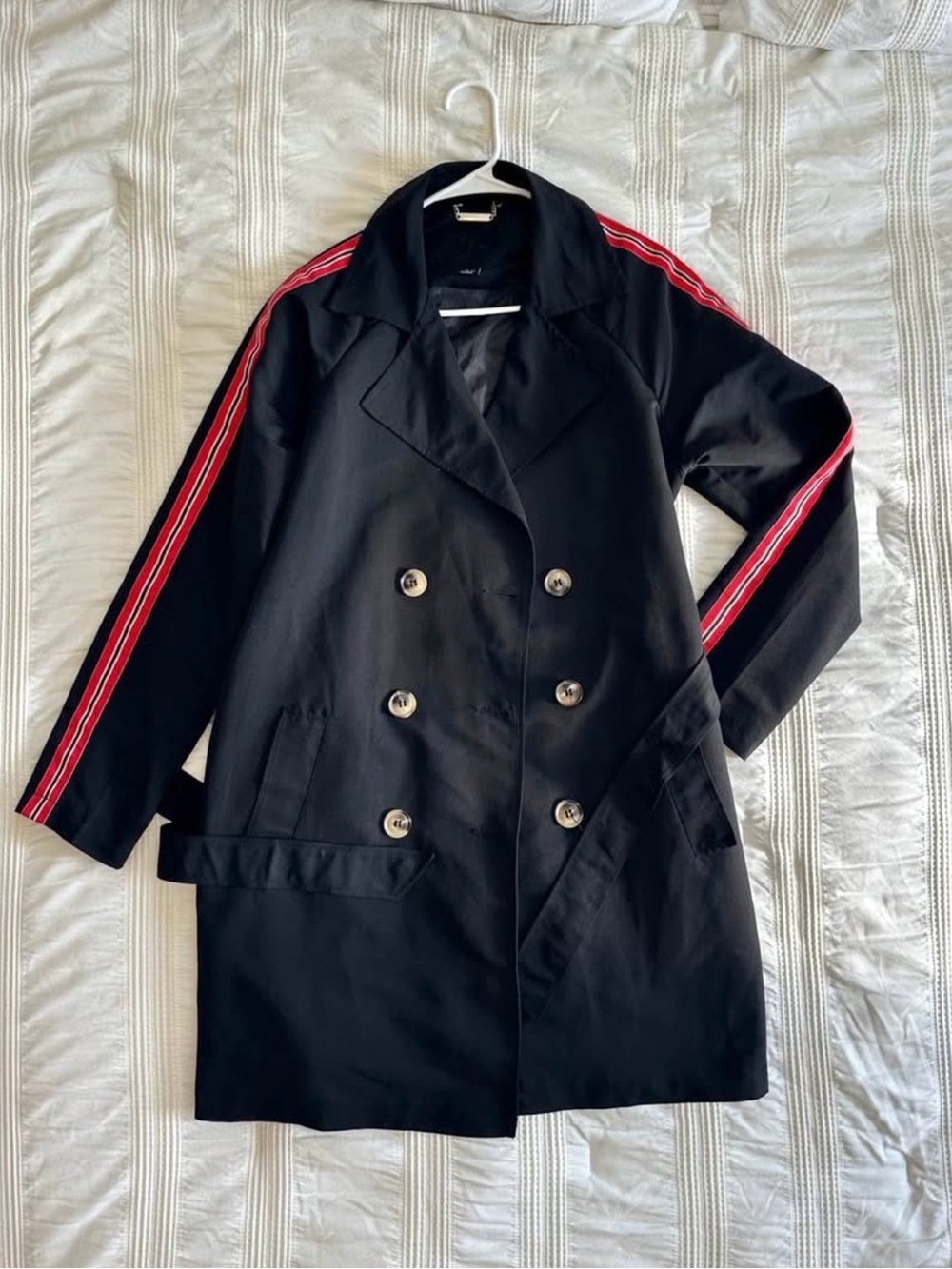Black Double-Breasted Trench Coat with Red Stripe Detail